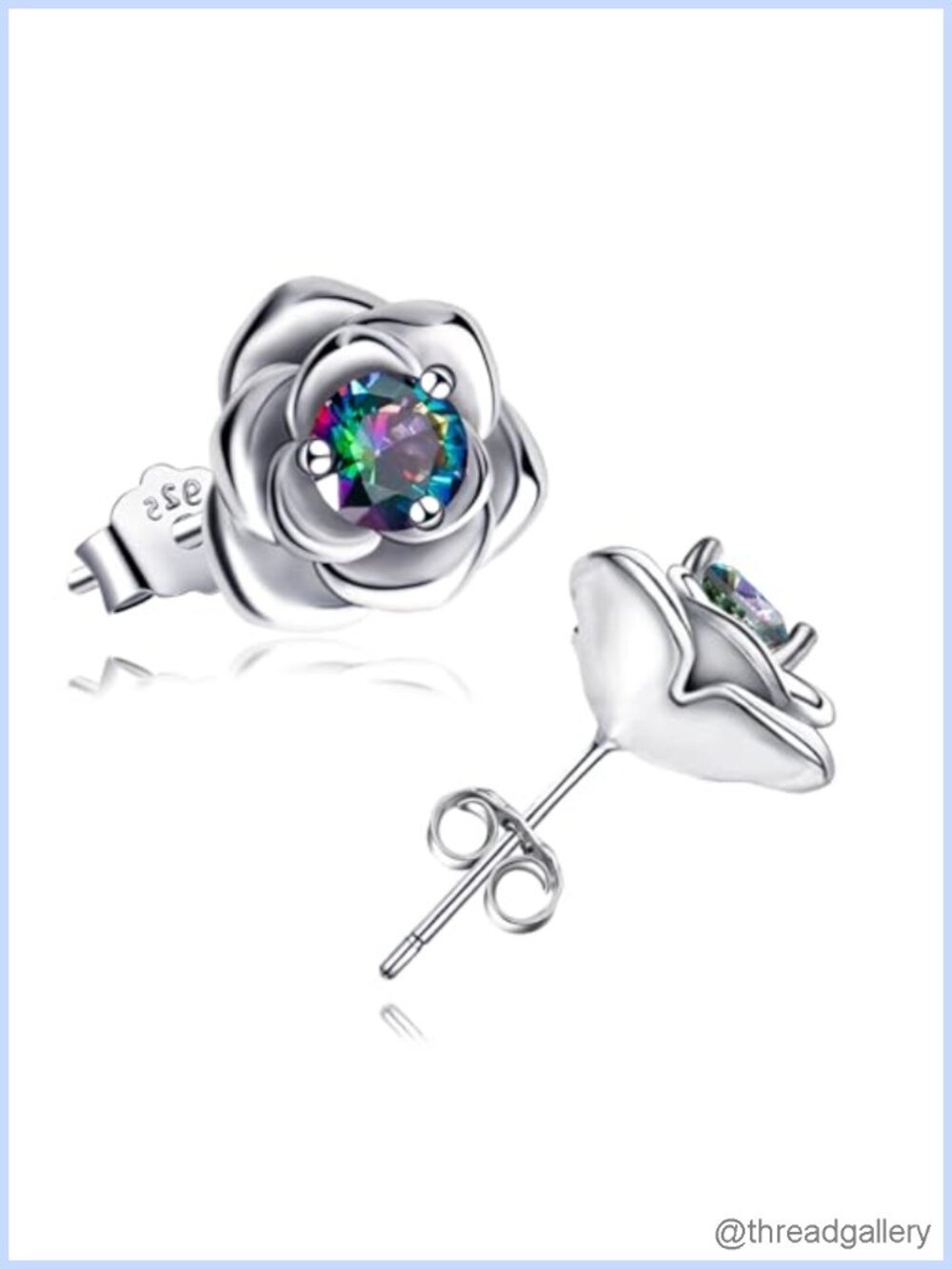 Sterling Silver 3D Rose Stud Earrings Cubic Zirconia Hypoallergenic